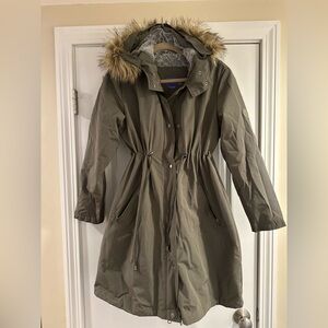 Seraphine Women's Olive Parka Coat with Faux Fur Hood and Removable Panel